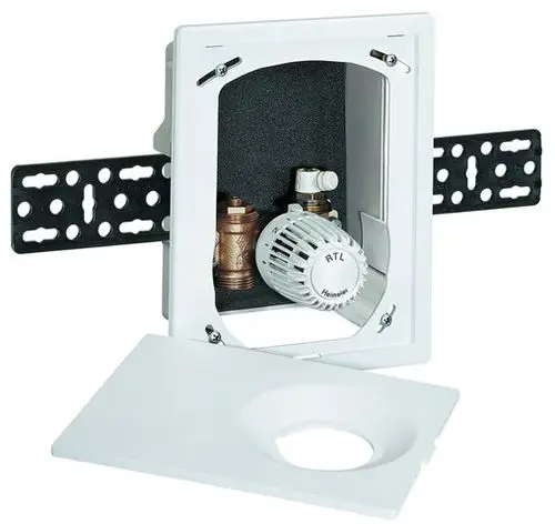 Multibox mit Heizkörperthermostat und Anschlüssen von IMI Hydronic Engineering, in weißem Gehäuse, zur wandmontierten Installation geeignet.